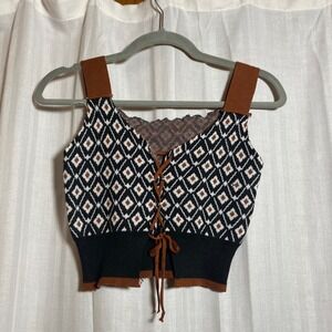 Boho Geometric Diamond Knit Crop Top Lace Up Front Brown Black White Tank S